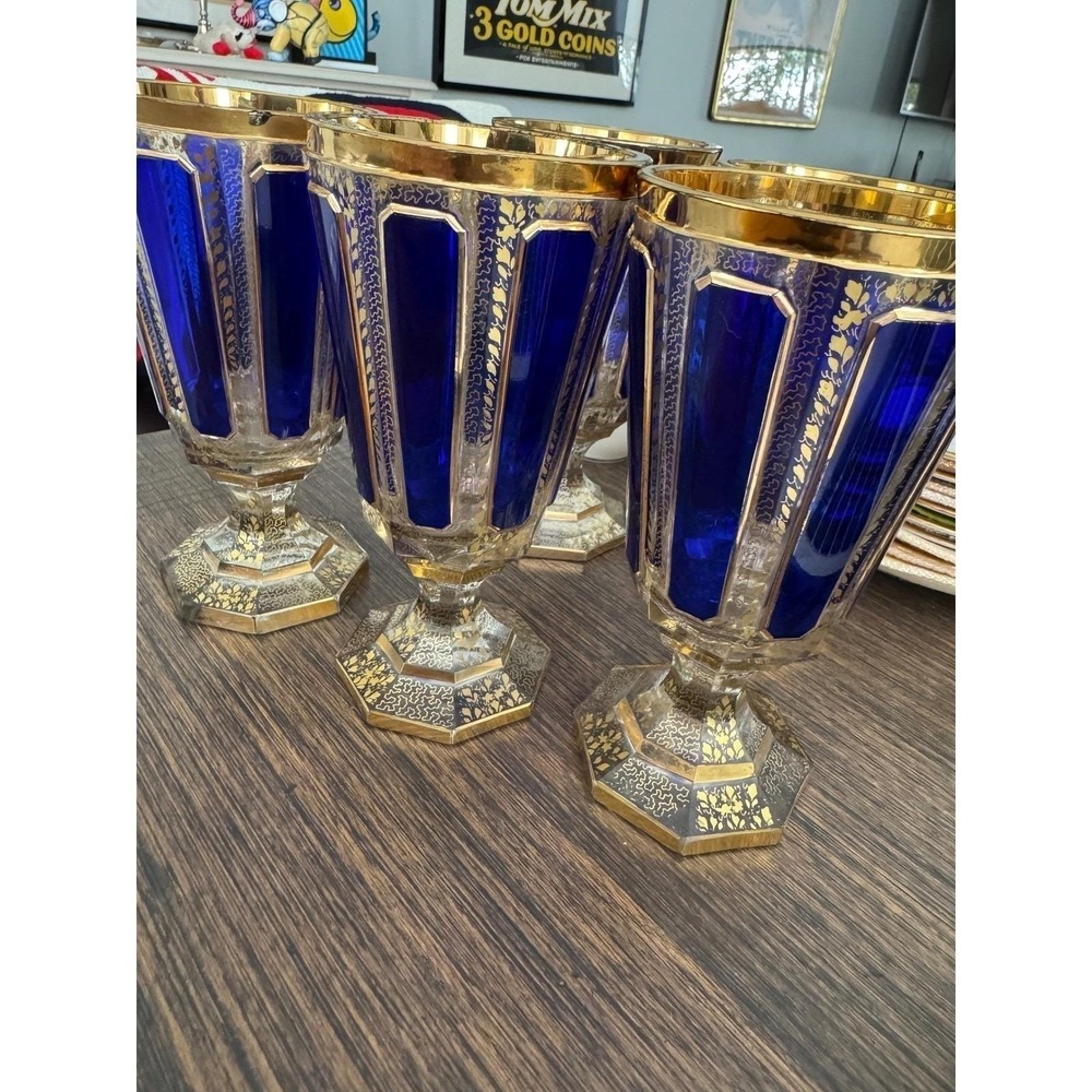 Moser Vintage‎ Bohemian Cobalt Blue Gilded Goblet set of 4